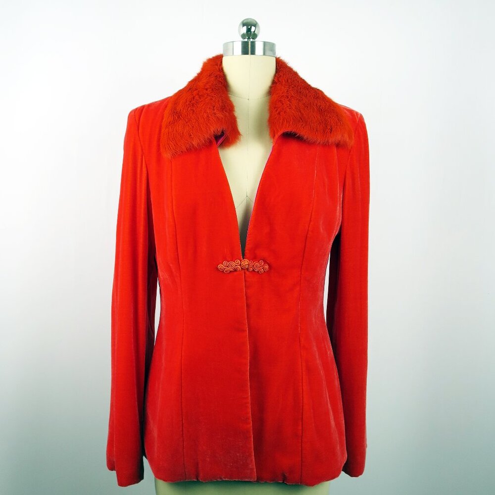 Nanette Lepore Orange Velvet Jacket with Removable Rabbit Fur Collar Size 10 Y2K